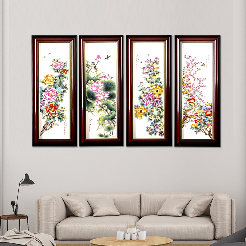 Jingdezhen porcelain plate painting landscape painting of flowers and birds in four screen adornment home sitting room sofa ceramics by patterns that hang a picture