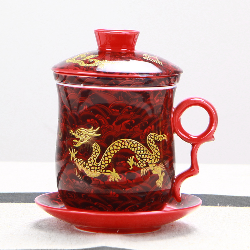 New dragon ceramic cup four cups with cover filter tea cup cup keller master home office meeting
