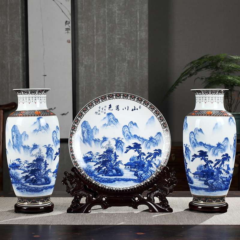 Large blue and white porcelain vase furnishing articles sitting room flower arrangement of three - piece ceramics I and contracted French decorative arts and crafts