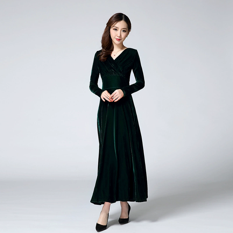 Mùa thu đông mới nhung vàng đầm eo cao đã mỏng và váy dài đầm dự tiệc phù dâu váy cưới cỡ lớn đầm mẹ
