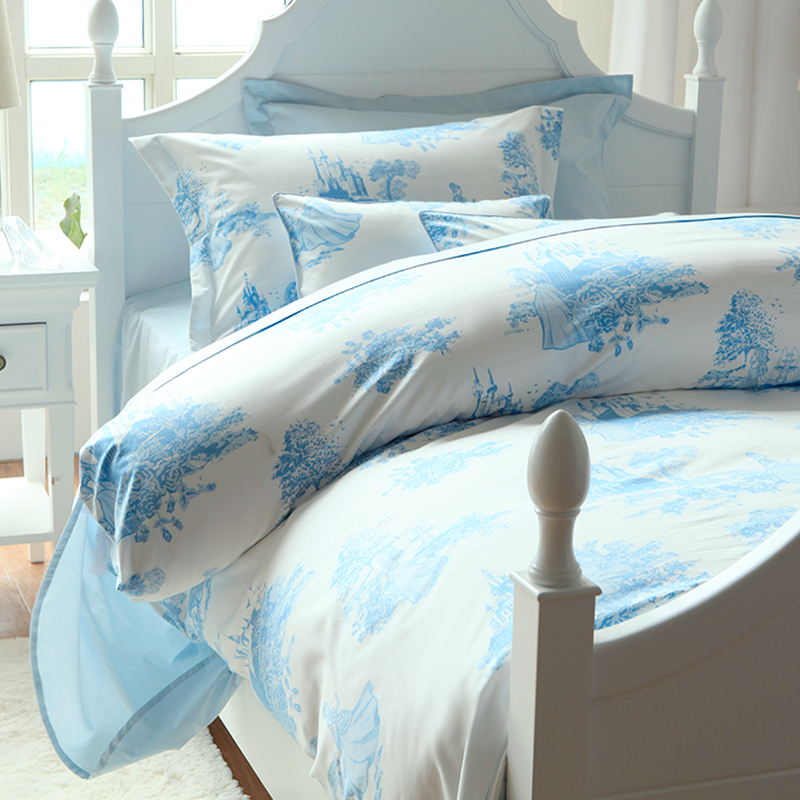 Blue Platinum Pure Cotton Four-piece Set Children's Cotton Satin Bedding Bed Sheet Quilt Cover Set Fairy Tale Castle