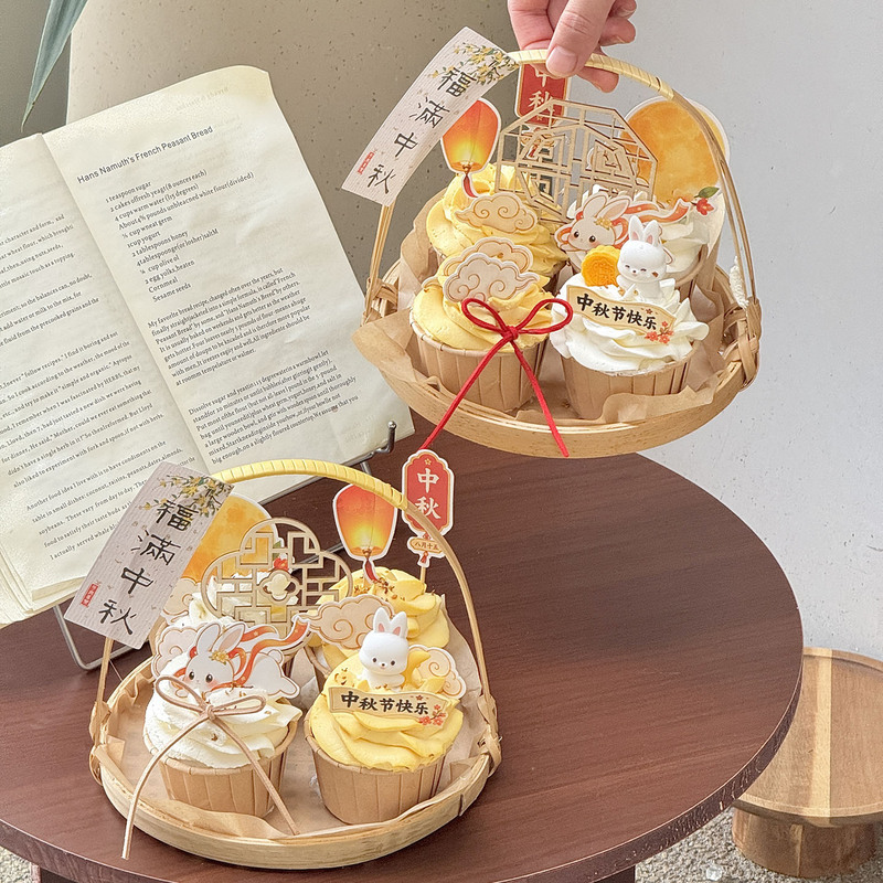 2026 Mid-Autumn Festival Small Bamboo Basket Hand-Held Basket Cupcake Decoration Chinese Style Cloud Pattern Jade Rabbit Topper Small Rabbit Ornament 2026 Mid-Autumn Festival Small Bamboo Basket Hand-Held Basket Cupcake Decoration Chinese Style Cloud Pattern Jade Rabbit Topper Small Rabbit Ornament