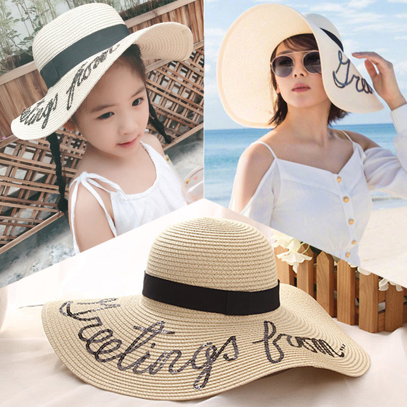 Summer new big along grass hat sun hat with child sunhat beach holiday girl sunscreen mother girl wave 
