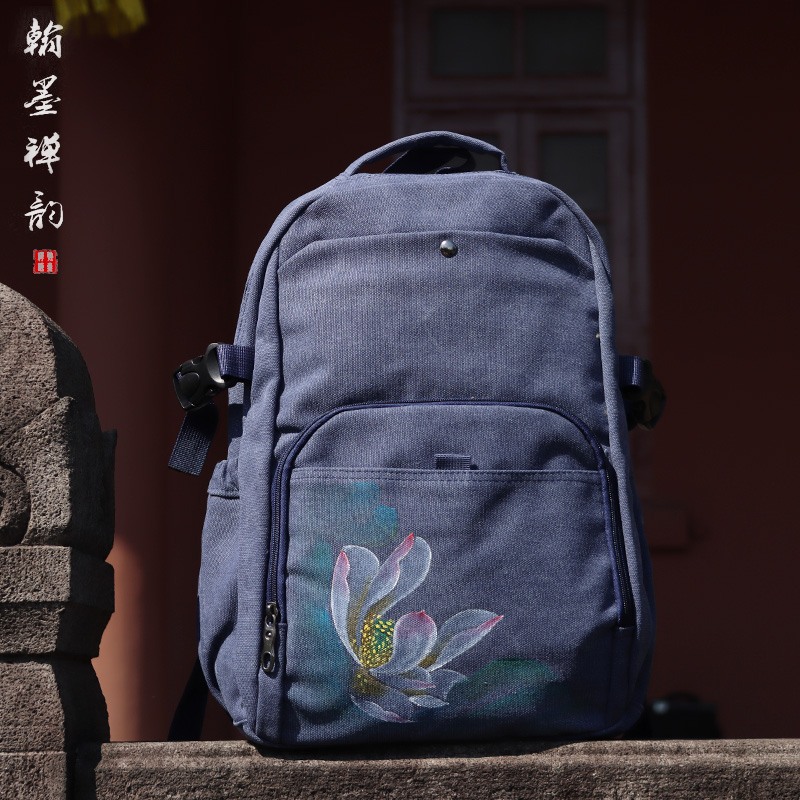 Chinese style hand-painted lotus pattern backpack computer bag travel bag College student backpack school bag retro