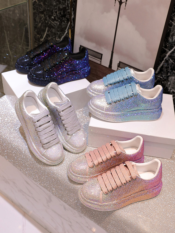 European Style White Sneakers for Women 2026 Spring New Model with Rhinestones, Internet-Famous Gradient Full Rhinestone Platform Dad Shoes