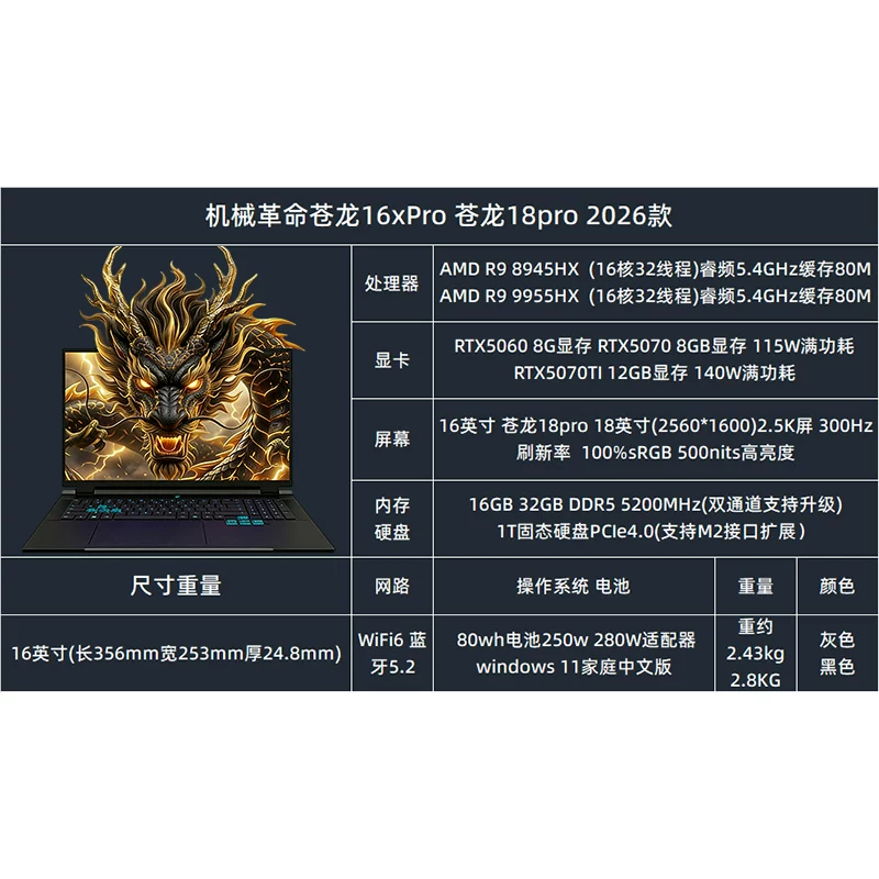 Игровой ноутбук Mechrevo Jiaolong 16 Pro (R9 8945HX/9955HX) RTX 5060/5070Ti, 16–32 ГБ, 1 ТБ SSD