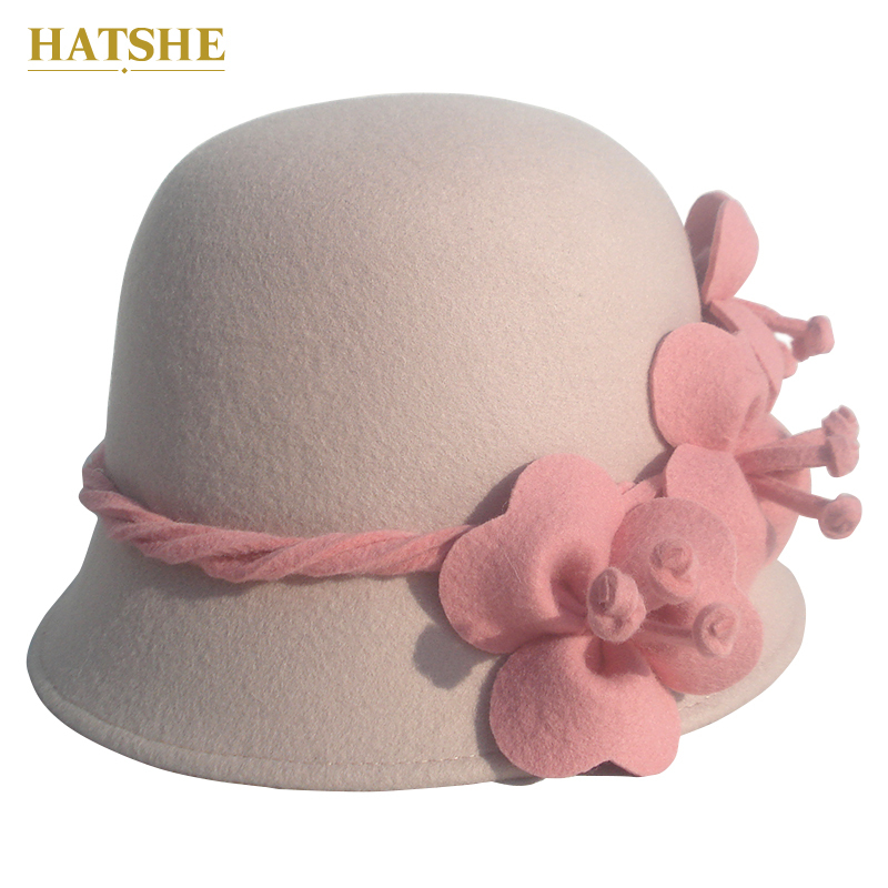 Hatshe Heavy Wool Felt Hat, Thick Pure Wool Felt Hat, Off-White Cloche Hat, Handmade Floral Design, Autumn and Winter