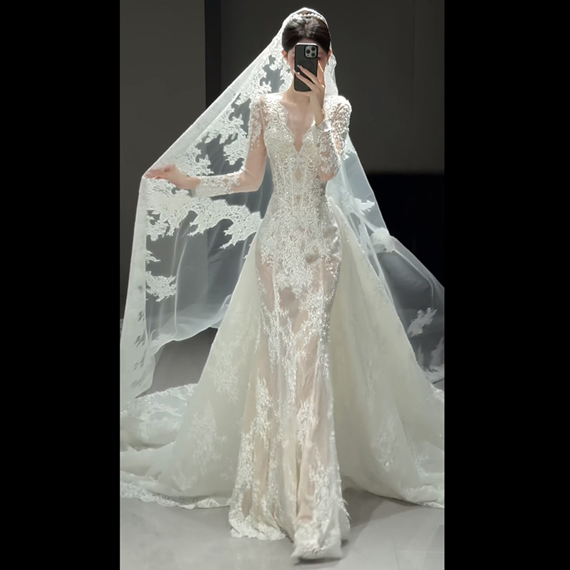 French-Style High-End Light Wedding Dress, Mermaid Tail, 2026 New Model, Long-Sleeve Vintage Lace Bridal Gown, Reception Engagement Dress