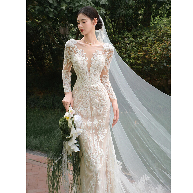 French Lace Light Wedding Dress 2026 New Style Bride Long-Sleeved Fishtail High-End Reception Dress Engagement Dress