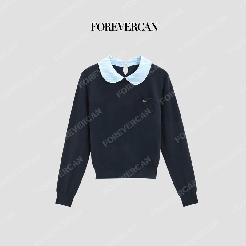 Forevercan Women's 2025 New Wild Intellectual Color-Block Peter Pan Collar Knitted Sweater Forevercan Women's 2025 New Wild Intellectual Color-Block Peter Pan Collar Knitted Sweater