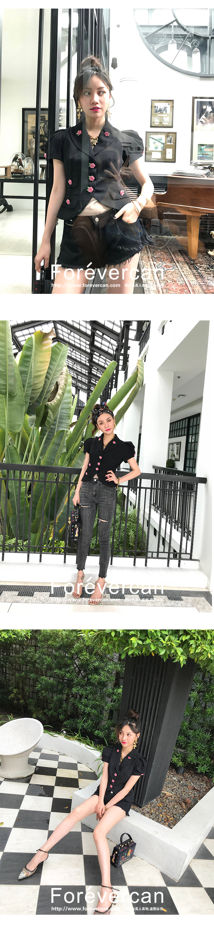Forevercan2018 Summer Mới Casual Retro Đen Slim Slim Jacket Nhỏ Phù hợp với Nữ đồ bộ nữ đẹp