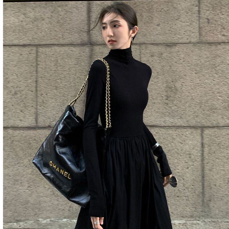 Black Long-Sleeved Dress for Women, Waist-Cinching, Slimming, Hepburn Style Little Black Dress, Half-High Collar, Inner Layering Long Skirt