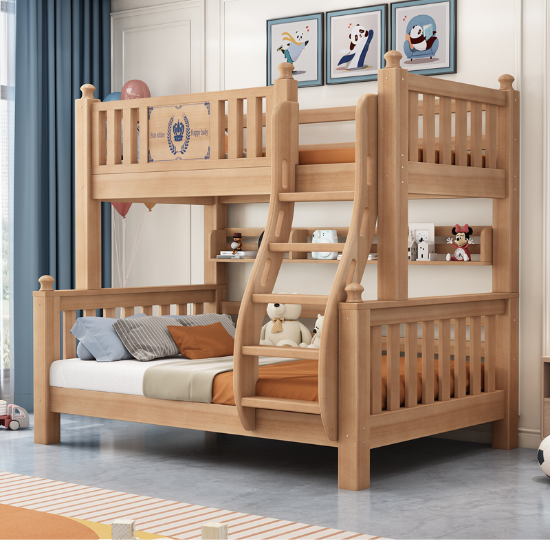 All Solid Wood Bunk Bed, Double-Decker Bed, Horse Chestnut Wood Children's Bed, High and Low Bed, Home Use, Detachable Bunk Bed, Double Bed