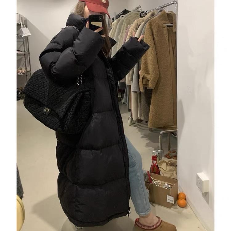 Black Mid-Length down Cotton Coat for Women, Winter 2025 New Style, Over-The-Knee Cotton Jacket, Korean Style Thick Quilted Coat