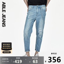 ABLEJEANS pop brand ripped jeans light washed men and women with the same casual spring and summer trend 901008