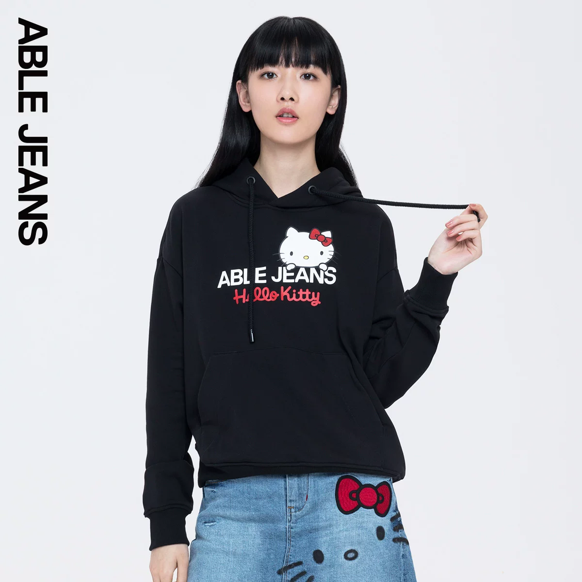 ABLE JEANS Hello kitty, черная мультяшная трендовая толстовка-худи, свитшот