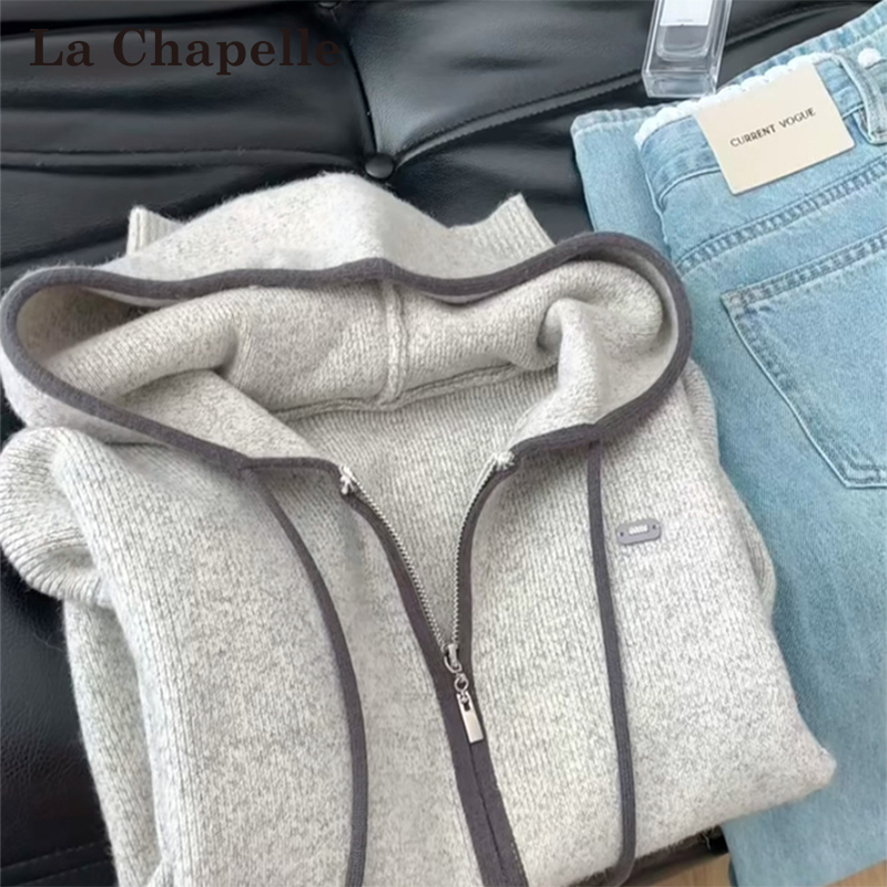 La Chapelle Gray Double-Zip Hooded Knit Cardigan for Women, Autumn and Winter 2026 New Style, Loose and Soft Sweater Jacket