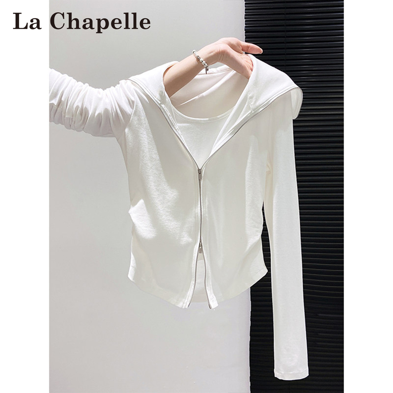 La Chapelle White Pleated Double-Zip Long-Sleeve T-Shirt for Women, Spring/Summer 2026 New Style, Waist-Cinching Faux Two-Piece Top