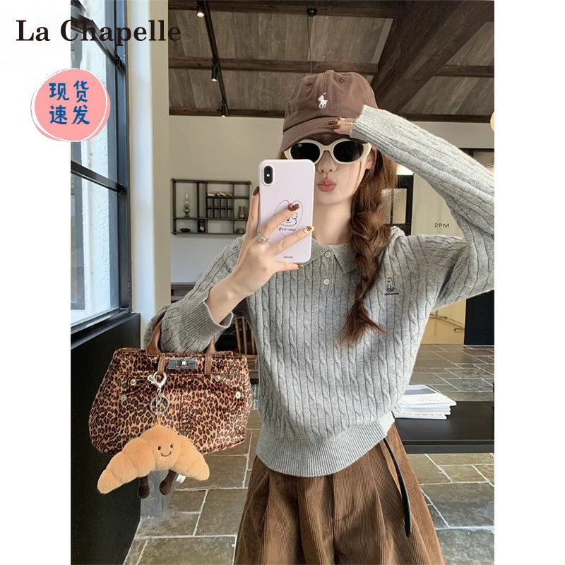 La Chapelle Twist Embroidery Polo Collar Base Shirt for Women, Spring and Summer Korean Style Relaxed Knit Long-Sleeve Sweater Top