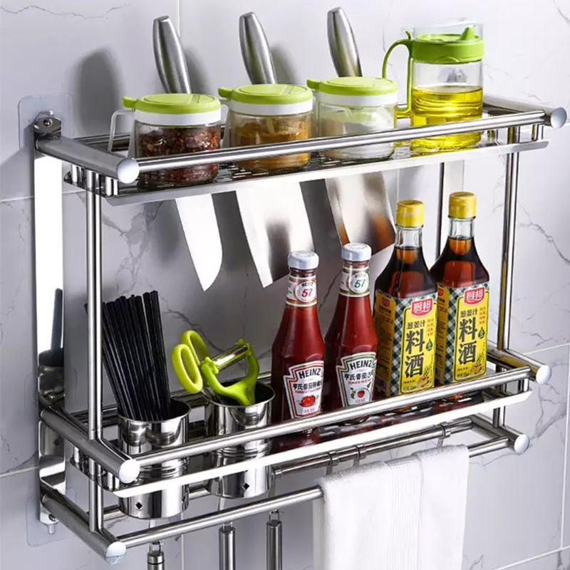 Kitchen shelf without punching wall hanging stainless steel double layer thickening knife frame chopstick tube conditioner hook