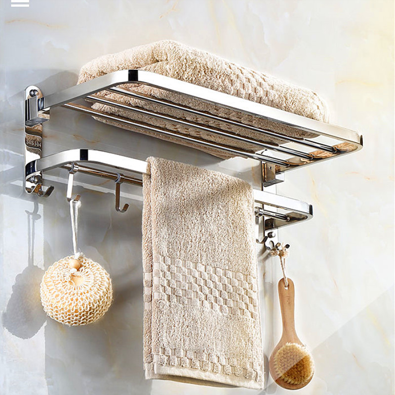 Extra thick 304 stainless steel towel rack free punch bathroom dressing room foldable storage shelf storage rack