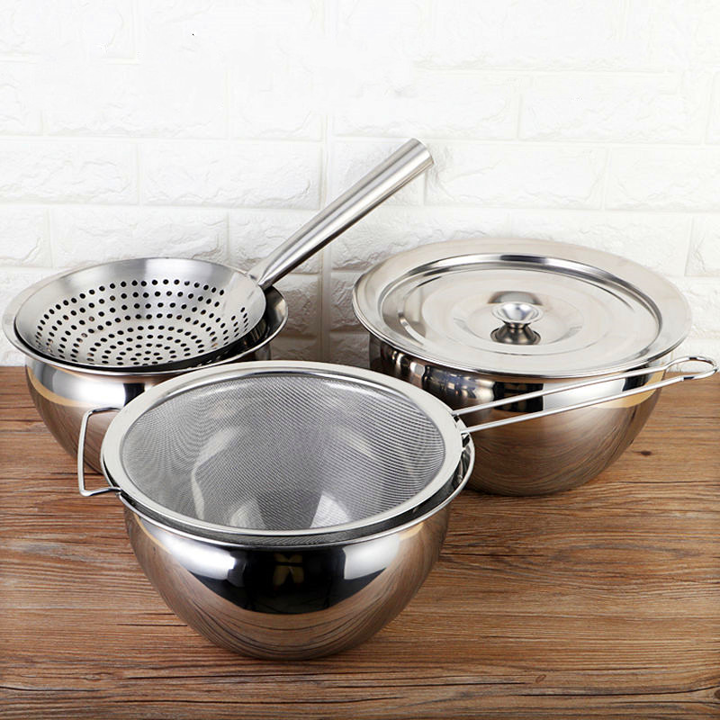 Kitchen restaurant commercial thickened stainless steel frying colander oil basin leak filter oil drum with lid set oil basin