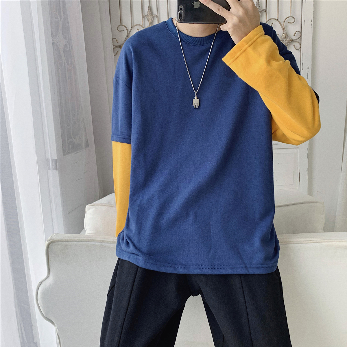 2019 New loose-fitting giả hai mảnh nam vòng cổ của hip-hop rơi mỏng lộng lẫy đầu dài tay áo khoác.