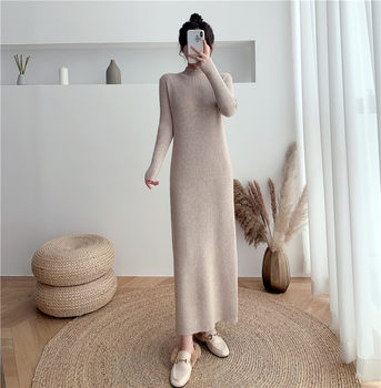 Half-high collar bottoming with sweater skirt long skirt female 2021 autumn and winter Korean version of the new ultra-long knitted dress thick