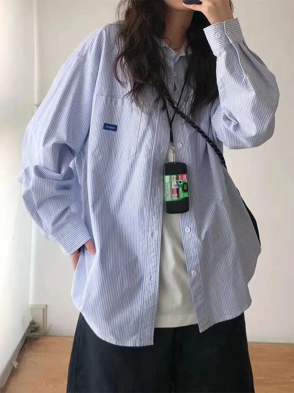 Plus-Size Striped Shirt for Women, New Spring and Autumn Style, Polo Collar, Loose-Fitting Shirt Jacket, Stylish Base Layer Top