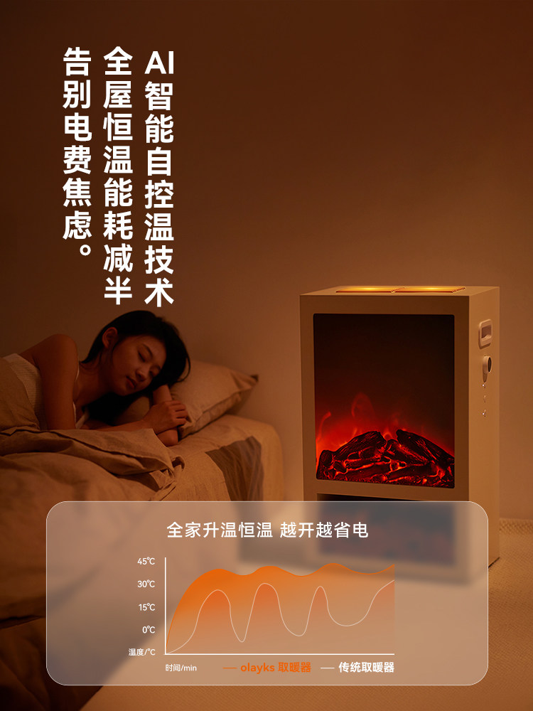 Olayks Instant Sun-Like Heater for Home Use, New Type of Fan Heater, Electric Heater with Simulated Flame, Solid Wood Electric Fireplace