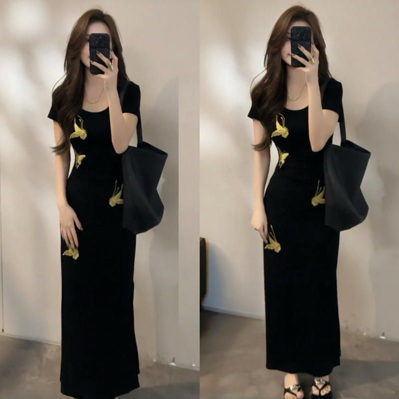 French-Style High-End Butterfly Print Short-Sleeve Dress for Women, 2026 Spring/Summer Hepburn-Style Elegant Slit Wrap-Around Long Dress