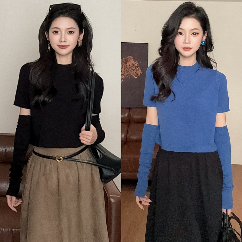 Stylish Black Detachable Sleeve Knit Sweater for Women, 2026 Autumn Design, Soft and Cozy Short Base Sweater Stylish Black Detachable Sleeve Knit Sweater for Women, 2026 Autumn Design, Soft and Cozy Short Base Sweater