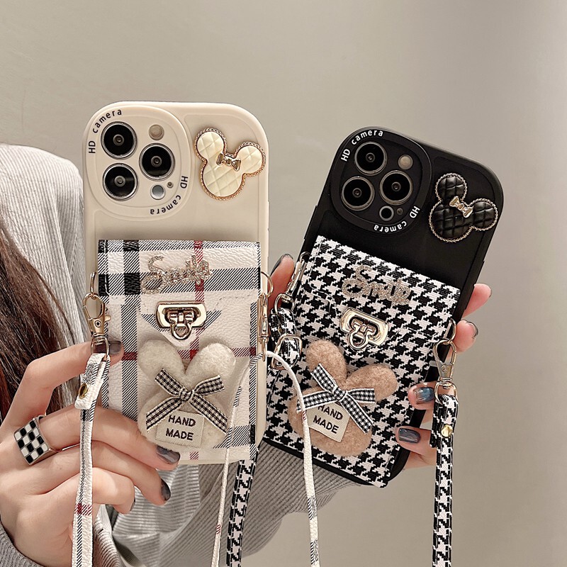 British Style Card-Insertable iPhone 16 Case iPhone 14 Crossbody Strap Wallet 15Promax Coin Purse 12 Houndstooth Pattern 11 Light Luxury Soft Case 78Plus Versatile Xr Silicone 13 Protective Case