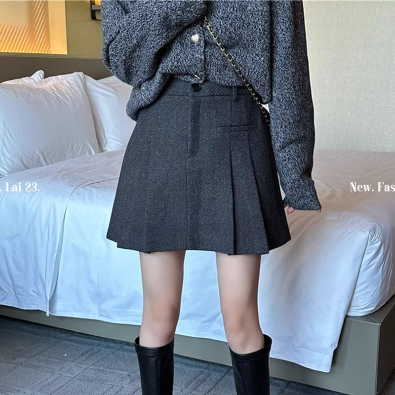 2023 winter new high waist thickened wool with half body dress a character dress with thin anti-walking light casual 100 pleats short skirt woman-Taobao