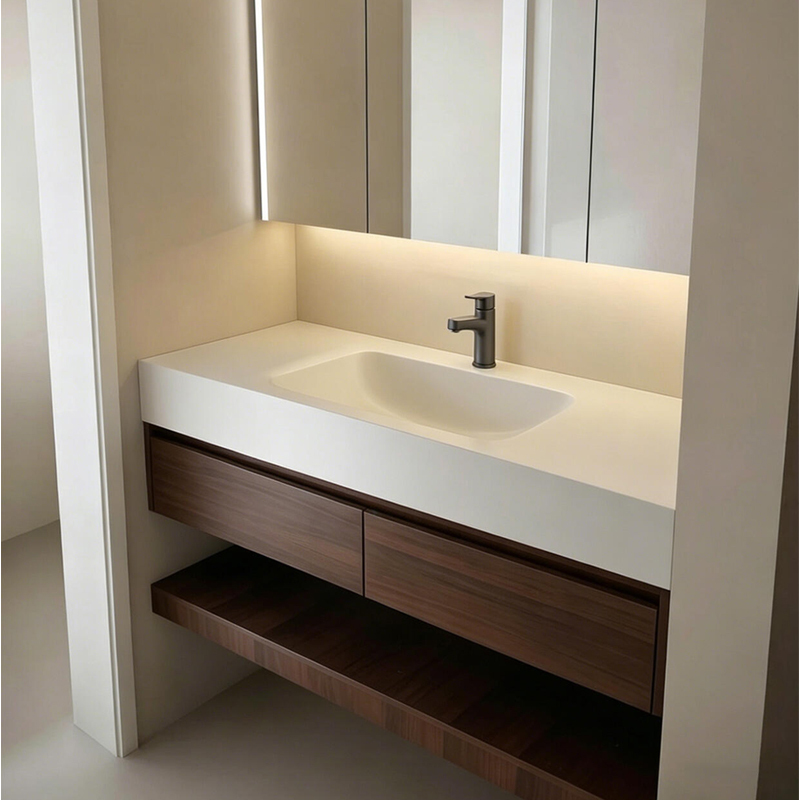 2026 New Model Mid-Century Style Rock Slab Hot-Bent Corian Integrated Basin Bathroom Cabinet Combination Washroom Washbasin 2026 New Model Mid-Century Style Rock Slab Hot-Bent Corian Integrated Basin Bathroom Cabinet Combination Washroom Washbasin
