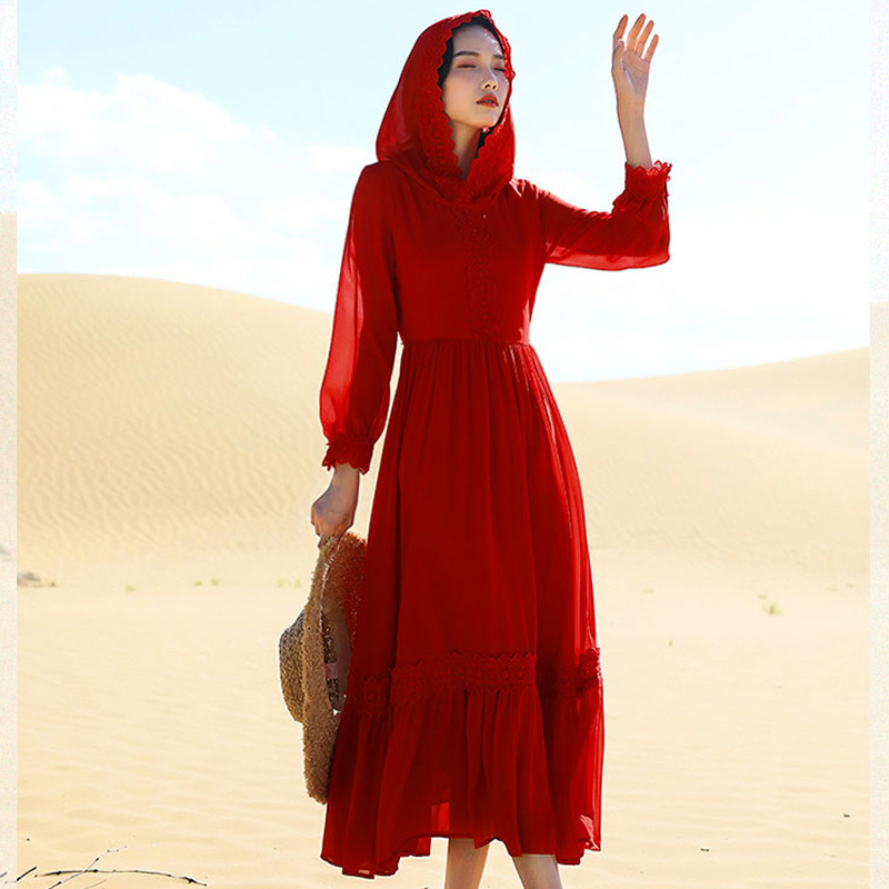 Egyptian Vacation Retro Hooded Red Dress for Women, Spring and Autumn Wear, Tibet, Xinjiang, Qinghai Lake Travel Long Dress, Fairy Style