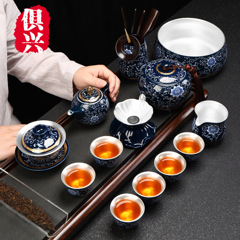Jingdezhen gilt silver kung fu tea set set household ceramic teapot teacup tea bowl gentleman six sets of gifts