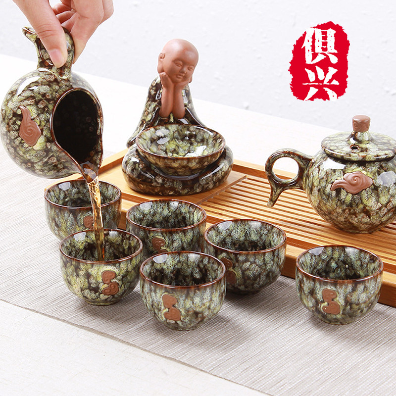 Deification Hand Painted Xiangyun Relief Gongfu Tea furniture set Group Jun Kiln Kiln Change of Glaze Household Teapot Tea Cup Business