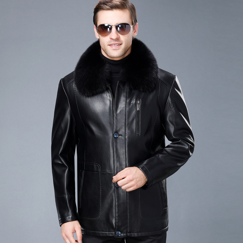 Mùa đông dày áo khoác nhung da trong áo khoác da cha dài để giữ lạnh ấm trung niên cổ fox tóc
