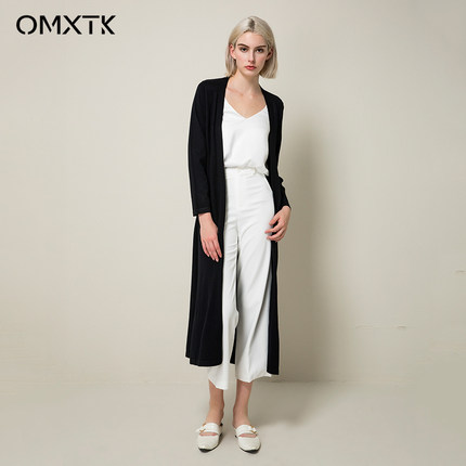O&K黑色中长款针织衫女开衫毛衣外套2018春