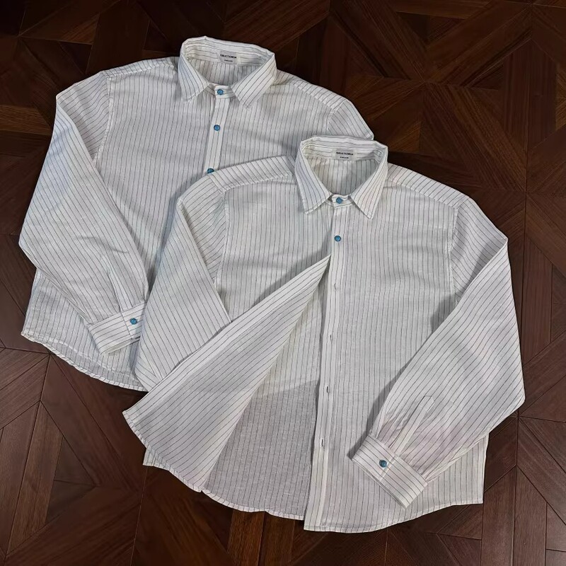 American Retro Amber Sapphire Striped Shirt for Men and Women, Spring and Summer Long-Sleeve Old Money Style, Regular Shoulder Fit, Versatile Shirt