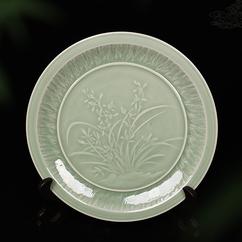 Yue kiln celadon four gentleman orchid flower plate handmade creative home office decoration 26cm with bracket gift box secret color