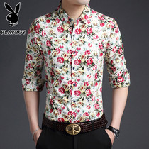 Playboy spring floral shirt mens long-sleeved fashion trend retro printed shirt mens cotton top clothes