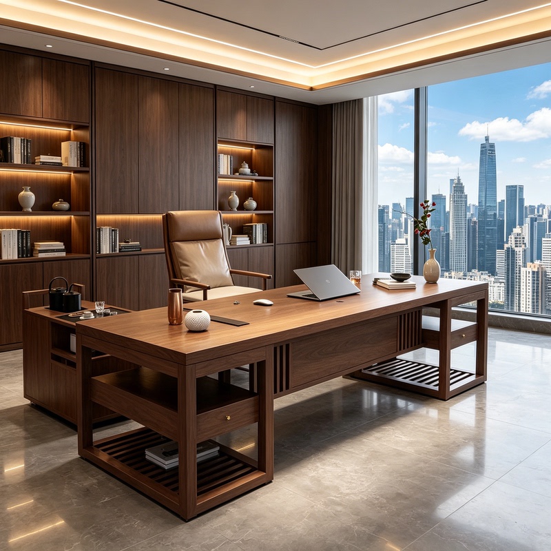 New Chinese-Style Black Walnut Solid Wood Executive Desk, President's Desk, Tea Room Reception Desk, Integrated Grand Office Desk