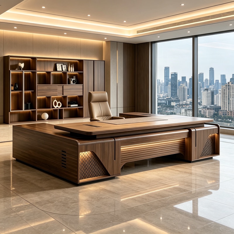 Modern Light Luxury Walnut Wood Grid Executive Desk with Double-Layer Desktop Design for Corporate President's Office