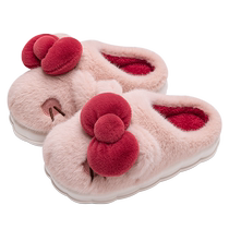 Baotou slippers for women in autumn and winter cute girls heart indoor home cartoon bow thick-soled furry slippers for women in winter