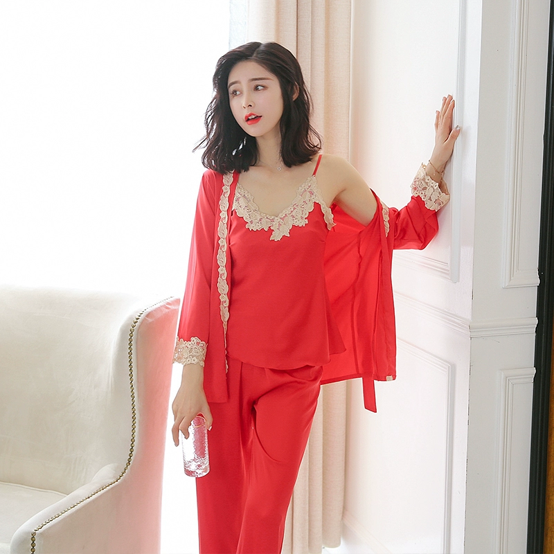 Ice lụa Pyjama nữ mùa hè mỏng phần sexy ba mảnh sling áo ngủ mùa xuân và mùa hè ren lưới tracksuit màu đỏ phù hợp với 