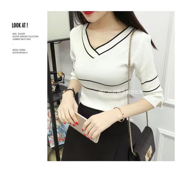 Mùa xuân và mùa thu 2019 phiên bản mới của Hàn Quốc của áo cổ chữ V không cổ, áo len có cổ tay áo lệch vai ao len