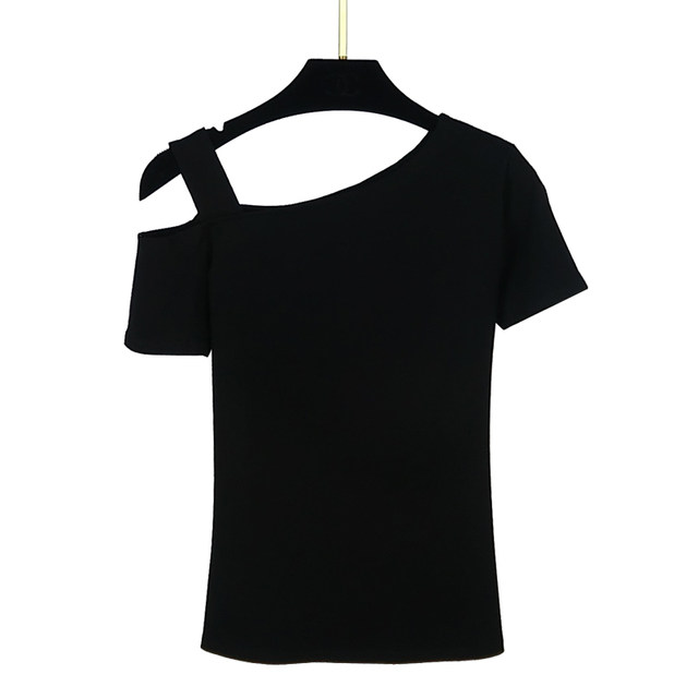 2022 autumn and summer Korean style pure white off-shoulder halter top T-shirt women's short-sleeved black leaky shoulder mid-sleeve bottoming shirt