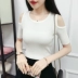 Áo len lụa nửa tay áo len nữ mùa hè phiên bản Hàn Quốc mới của áo sơ mi cổ tròn thon gọn, ngắn tay lệch vai áo khoác len cardigan nữ Áo / áo thun